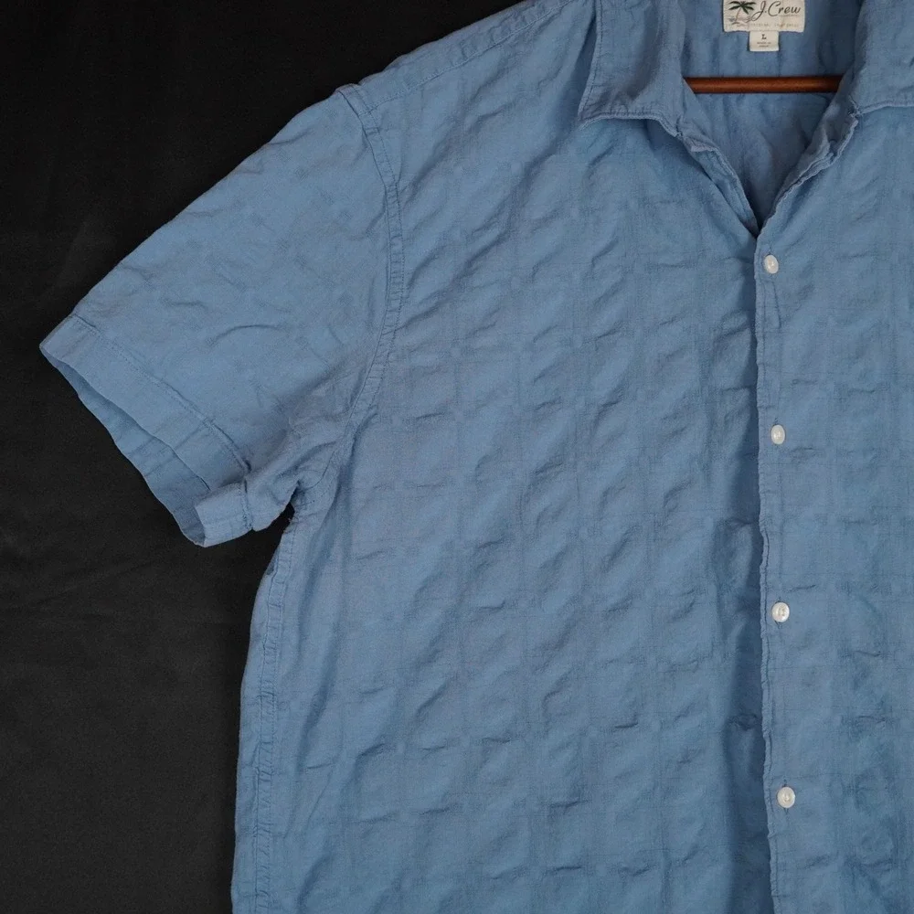 J. Crew Shirt Mens L Blue Textured Grid Short Sleeve Camp Collar Cotton Casual